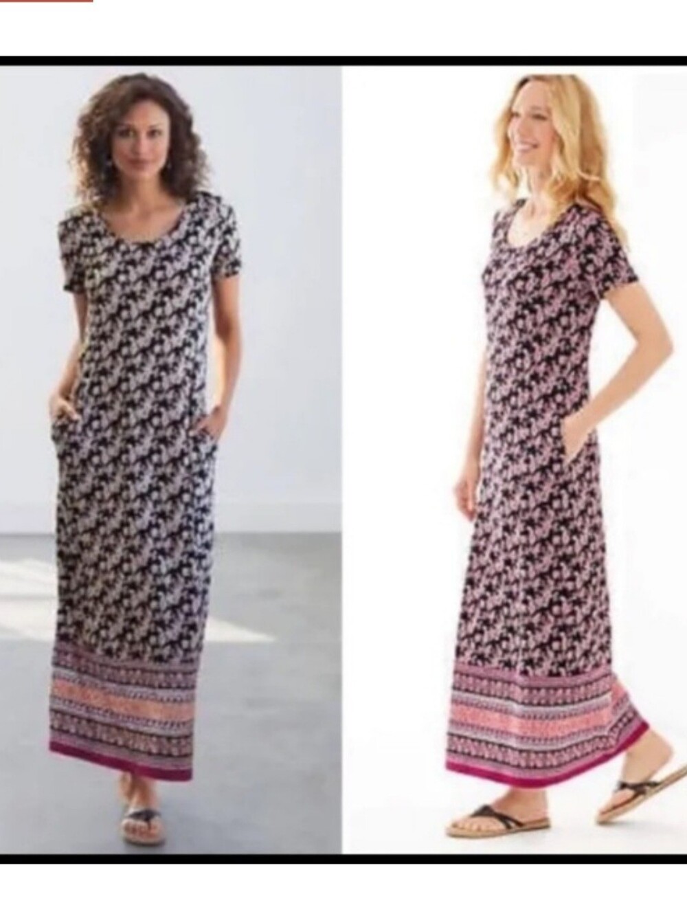 J. Jill Maxi Dress‎ Paisley Short Sleeve Size M Jersey Knit Pockets Black Pink